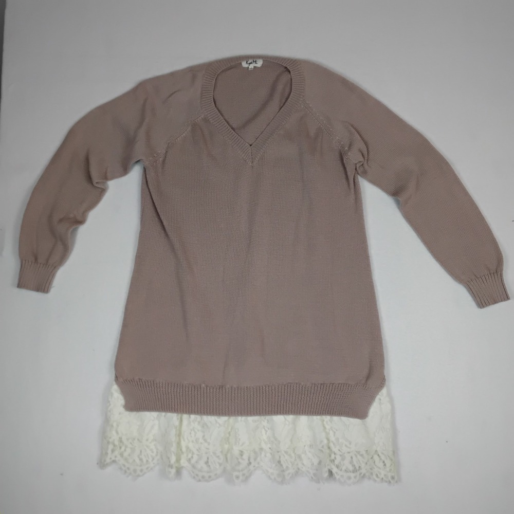 Koret Women's Taupe V Neck Knit Sweater Layered Lace Hem Long Sleeve Cottagecore